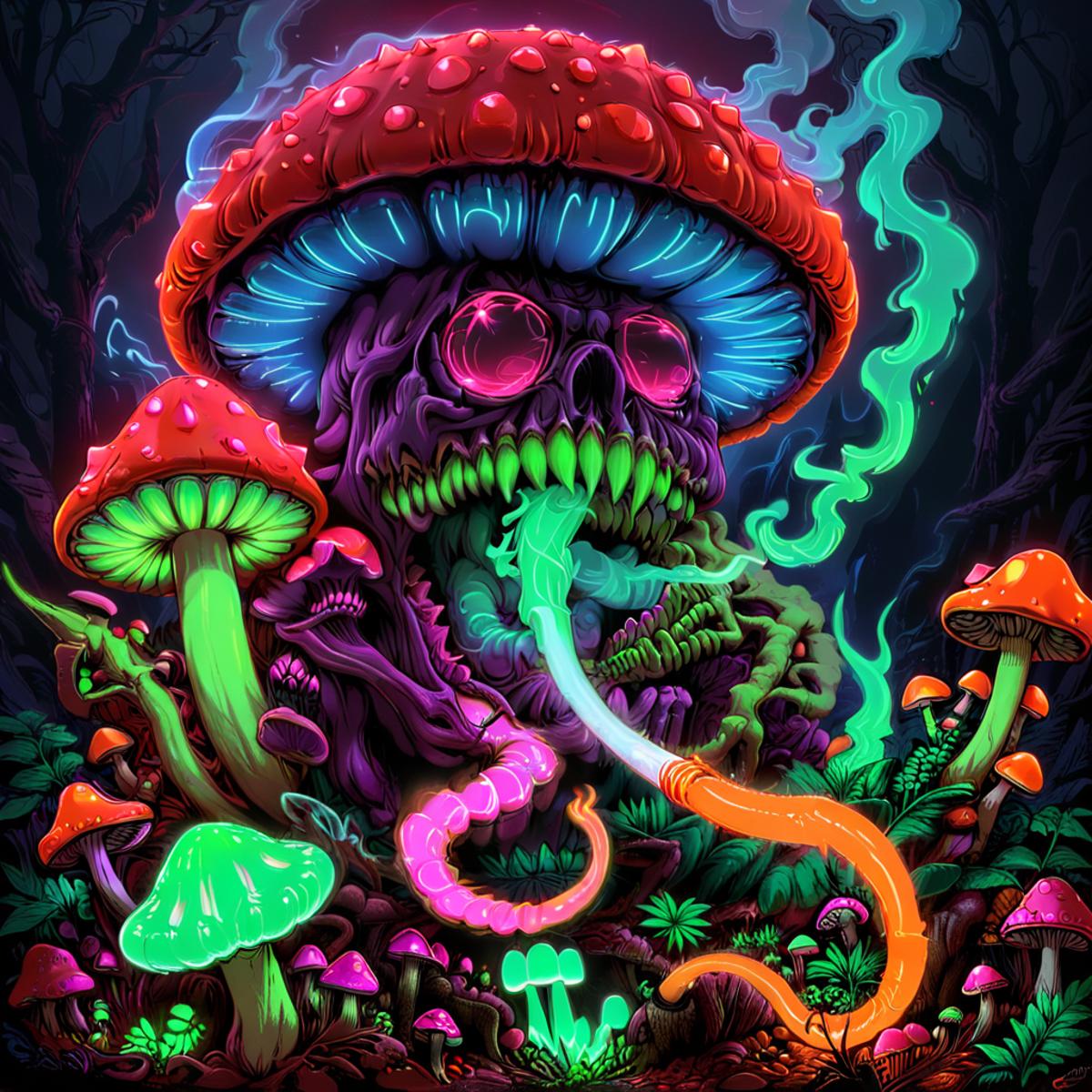 Fantasy Art with a Monster and Mushrooms in a Dark Forest