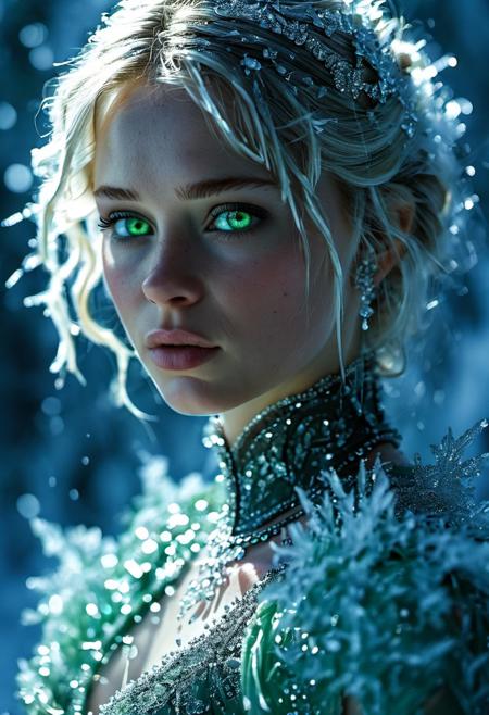 (medium shot, three-quarter view, camera canon eos r6 mark ii, len 70mm, f2.2). hyperdetailed, striking, mezmering, other-wordly, 1girl, 22yo, ((hair that looks like it's made from white, glossy ice)), the ice hair should shine and reflect light, giving it a polished, gleaming appearance. The character's overall aura should convey a mix of coldness, like a winter frost, and innocence, suggesting purity and gentleness, her (lightgreen:1.5) (shinny:1.2) eyes gazing at viewer from side in provocating way gives the scene an eye-catching and intriging touch, (cold atmosphere:1.5), (frozen air around:1.5),(surreal and exotic eye-catching dark dress:1.8). Masterpiece, easynegative, SkinDetailNeg, Movie Still, Film Still, Cinematic, Cinematic Shot, Cinematic Lighting, striking, mesmering, 8K, UHD, HDR. easynegative, SkinDetailNeg, SkinDetailNeg.