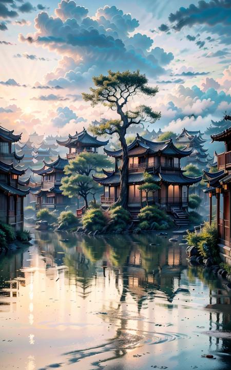 (best quality,ultra-detailed,8k uhd,ultra high res,cinematic scenes, masterpiece,dramatic lighting,extremely detailed CG unity wallpaper) ,an empty scene, a Jiangnan town on ssummer morning, <lora:ChineseStyleAncientlandscape_v1.1_150:1>