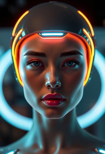 futuristic LED-infused headwear as makeup alternative, glowing LED accents contouring face, (LED highlights:1.3) enhancing cheekbones, neon glow accentuating jawline, soft LED light framing attractive features, (flawless skin:1.4), LED strips subtly shaping face, high-tech beauty solution, cyberpunk elegance, LED-lit brow line, glowing under-eye accents, (sharp focus), ultra-realistic skin textures, high-definition, light-reflecting LED glow on lips, glowing seams enhancing facial symmetry, (dynamic lighting), sleek, form-fitting LED design, techwear-inspired beauty, soft LED glows replacing traditional makeup, smooth and radiant skin, futuristic elegance, LED rings emphasizing eyes, balanced lighting for facial features, high-resolution, glowing lips, minimal flaws, radiant LED accents in place of blush, sleek light designs creating a perfect glow, precise light diffusion, ultra-modern LED beauty