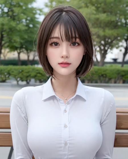 best quality, photorealistic, 8k, high res, full color, 1girl, woman, 20 years old woman, (closed mouth:1.73), (skindentation), (portrait:0.6), trees, park bench, daylight, ((park background:1.52)), full color, ((whitebuttonedshirt:1.58)), looking at viewer:1.8, (1girl eyes looking at viewer:1.55), (medium hair, brownhair, partedbangs:1.45), (bokeh), <lora:AAG-qian:0.69>