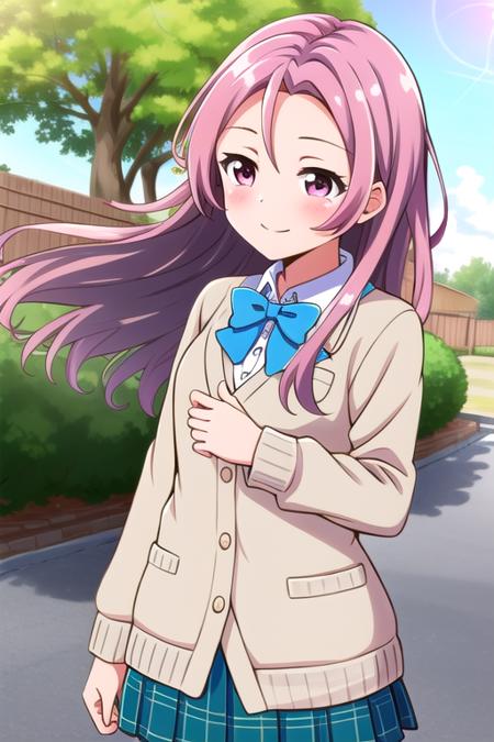 masterpiece, best quality, 1girl, solo, serizawarenge, pink hair, long hair, pink eyes, bangs, brown cardigan, long slevees, blue bowtie, plaid skirt, green skirt, school uniform, smile.