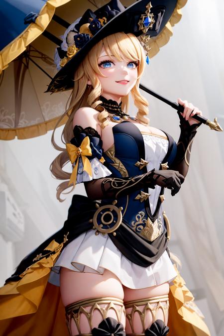 masterpiece, best quality, <lora:navia:1>,
1girl, hat,blonde hair, long hair, drill hair, twin drills,blue eyes, jewelry, flower,  bare shoulders,  black gloves,dress, thighhighs,  thigh boots, boots,parasol,
umbrella, holding umbrella,
grey background, cowboy shot, smile