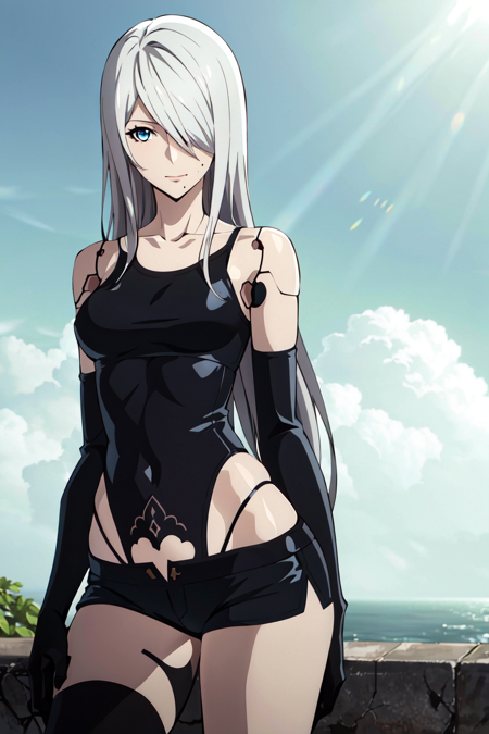 nier anime style, yorha type a no. 2,  1girl, android, solo, long hair, elbow gloves, gloves, mole under mouth, shorts, mole, hair over one eye, robot joints, joints, black gloves, blue eyes, breasts, armlet, looking at viewer, tank top, black shorts, short shorts, ruins, bare shoulders, white hair
, ((masterpiece))
<lora:nier_anime_style_offset:1> <lora:yorha_type_a_noDOT_2:0.2>