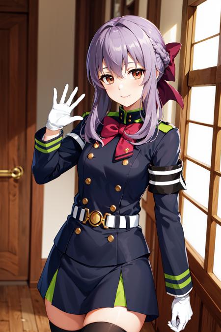 masterpiece, best quality, highres, aashinoa, hair bow, military uniform, red bowtie, long sleeves, armband, white gloves, belt, black thighhighs, <lora:hiiragi_shinoa_v1:0.7>, standing, waving, smile, indoors