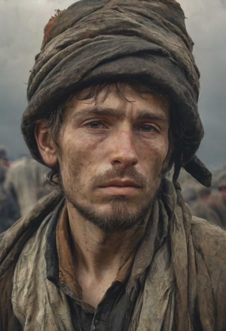 Face of poor Latvian 1800 worker in rags, man looking into the distance, fatigue and happiness on his have, photorealistic, moody colors, gritty, messy style of Alexey Savrasov, Ivan Shishkin, Ilya Repin, highly detailed,