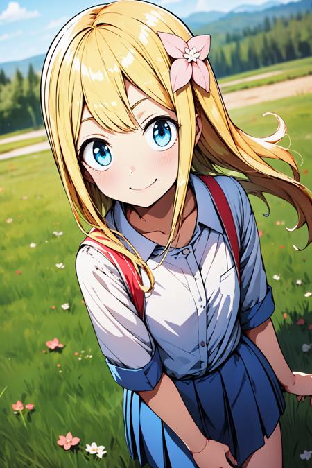 1girl, field, smile, standing, cowboy shot, 
himeno, blue eyes, blonde hair, long hair, hair ornament, hair flower, <lora:himenochan_lora_ver1:0.8>, best quality, masterpiece, highres, <lora:GoodHands-vanilla:1>