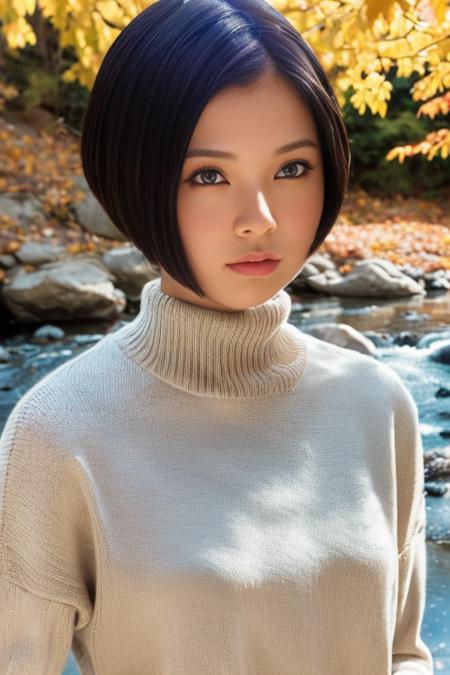 1girl,(wearing turtleneck sweater:1.2),(RAW photo, best quality), (realistic, photo-realistic:1.4), masterpiece, an extremely delicate and beautiful, extremely detailed, 2k wallpaper, Amazing, finely detail, extremely detailed CG unity 8k wallpaper, ultra-detailed, highres, soft light, beautiful detailed girl, extremely detailed eyes and face, beautiful detailed nose, beautiful detailed eyes,cinematic lighting,(autumn scenery:1.3),(by a small rocky river),(morning light),perfect anatomy,<lora:ramu_lora:0.8>,(short hair),big breasts