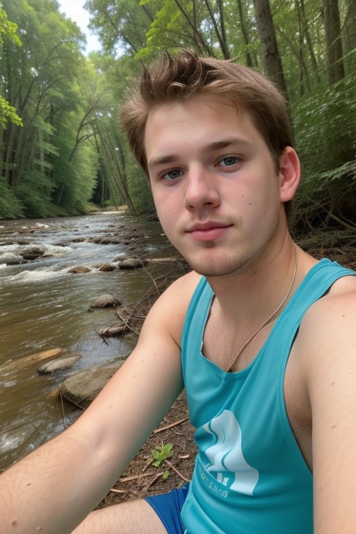 hyper realistic photo of a 24yo redneck boy, average, swim trunks, river, (looking at camera:1.3), windy, tank top, in a f...
