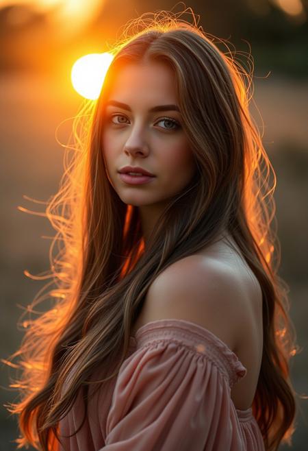 Create a dreamy portrait during sunset using a Nikon Z7 II and 85mm f/1.4 lens. Utilize natural backlighting to halo the subject’s hair, paired with a gold reflector to bounce warm light onto the face. Set aperture to f/2.2 for creamy bokeh, ISO 200, and 1/250s shutter. Capture golden-hour hues with a prism filter for soft flares. Emphasize dewy skin and flowing fabrics in muted earth tones. Post-process with warm gradients and slight vignetting to enhance the ethereal mood.