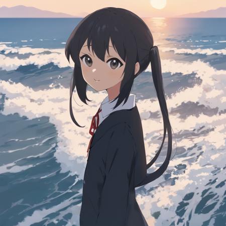 A masterpiece anime professional digital art of a girl named Nakano Azusa standing by ocean, closeup portrait, in style of Kyoto Animation, K-ON style  <lora:azusa_xl-000012:1>