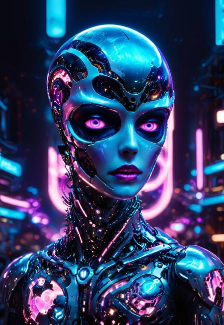 Futuristic Halloween makeup look resembling an android or cyborg. The model’s face is partially painted to look like metal, with visible gears, circuits, and glowing blue eyes. Half of the face shows smooth human skin with detailed makeup, while the other half appears robotic with chrome-like textures and LED lights embedded into the skin. The background is a high-tech, neon-lit cityscape with holograms floating in the air. The lighting is sharp, with neon purple, blue, and pink hues reflecting off the metallic elements of the makeup.