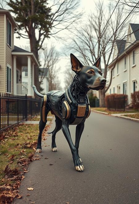 A cybernetic dog wandering through a quiet neighborhood, waiting for an owner who never returned, surreal landscape photography meets expressionist figuration, constructed environments with raw, distorted human elements, hyperreal nature infused with bold linework and visceral emotion, manipulated scale and perspective, stark contrast between artificial beauty and human brutality, expressive textures in staged settings, psychological symbolism, modernist grotesque forms set within photographic landscapes, architectural fragments and surreal models clashing with abstract figures, ambiguous spatial narratives, visual tension between control and chaos, hybrid of photographic realism and neo-expressionist intensity