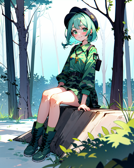 1girl,(full_body:1.2),facing_viewer ,  looking_at_viewers, (solo), sitting,

nature, wind, sunlight, mountain, forest, trees, outdoors,

smile, 

(yamashiro_takane_v10_Test3:0.9), teenage, green_hair, green_eyes, boots, white_socks, green_eyes, miniskirt, (key:1.3), green_skirt, green_shirt, camouflage, camouflage_shirt, camouflage_skirt, camouflage_headwear