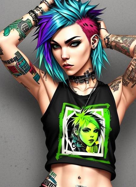 (swpunk style:1) a girl with a tattoo on her arm and blonde and blue hair wearing a green tank top