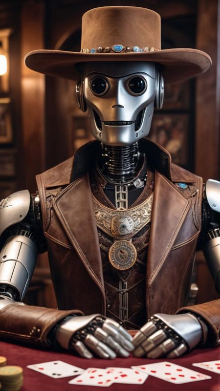 breathtaking A detailed portrait of a robot playing poker in a classic western saloon, complete with cowboy hats and revolvers, RAW photo, 8k uhd, dslr, high quality, Fujifilm XT3 . award-winning, professional, highly detailed