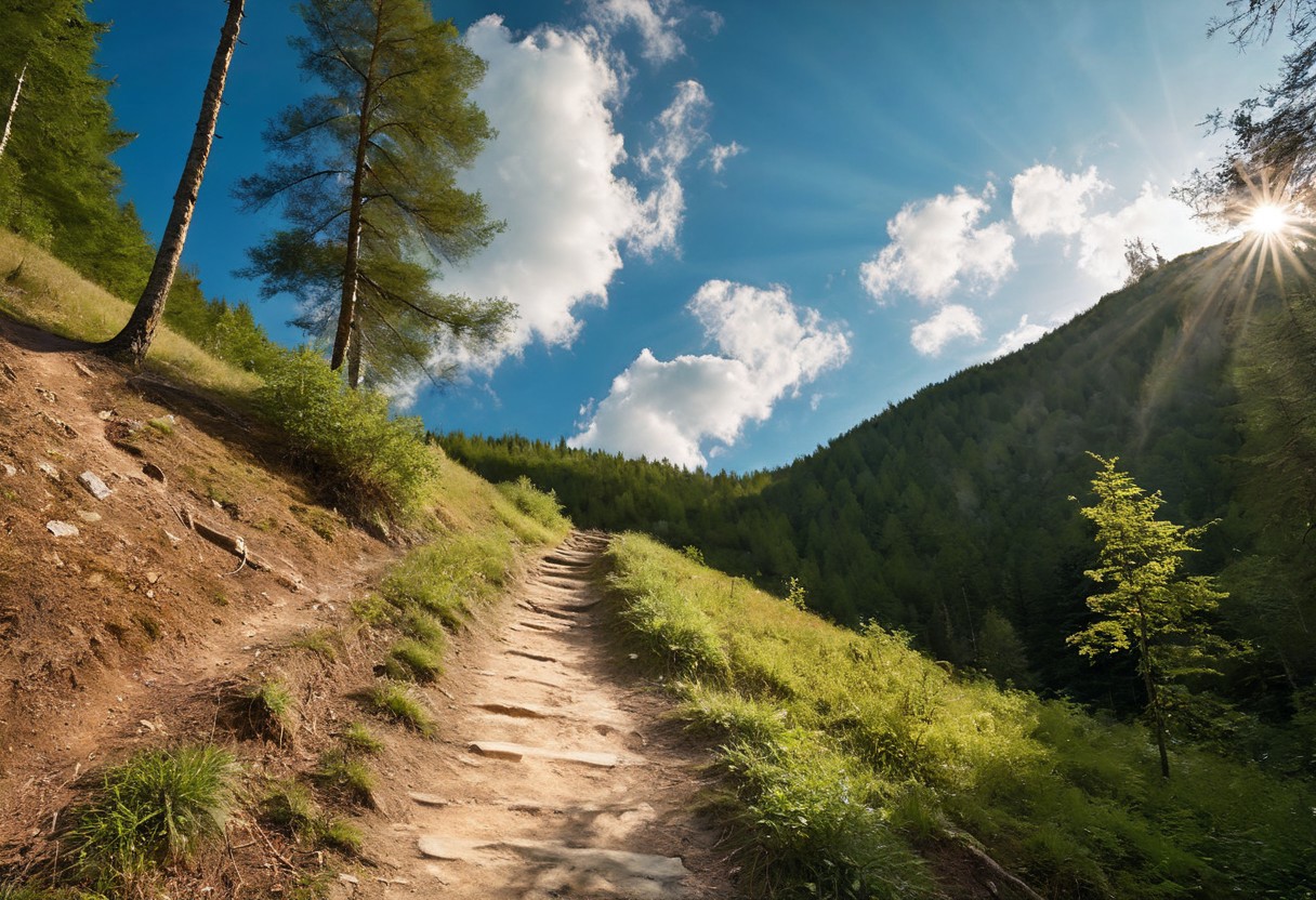 path going up a mountain in the forest, sunny landscape with cirrus clouds,  very realistic photography