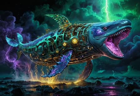 Ultra-detailed painting of a 'Clockwork Leviathan' — a colossal biomechanical whale floating in a neon-drenched void, its metallic ribs exposing gears that turn with liquid mercury. Thousands of tiny humanoid figures crawl inside its machinery, maintaining the illusion of life. The creature's eye is a shattered portal to a dying star, and its tail dissolves into fractal smoke. Style: hyper-realistic oil painting meets glitch art, with insane texture contrast (smooth chrome vs. cracked porcelain skin). Lighting: toxic green and deep violet, as if the scene is lit by a dying galaxy <lora:FluxDFaeTasticDetails:1> <lora:glowneon_xl_v1:1> glowneon, glowing, sparks, lightning