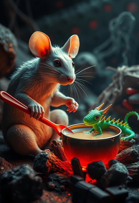 surreal VFX, nano-rat stirring broth on a campfire with a red spoon, sitting with the  green nano-dragon seen under an electron scanning microscope, with details, vivid colors