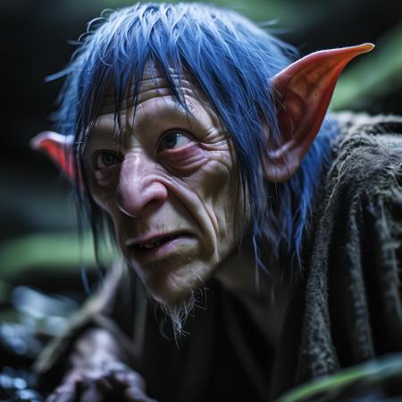 highly detailed candid photo of rpggoblin:1.3,

rpggoblin, solo, 1boy, closed mouth, blue hair, male focus, large eyes, pointy ears, blurry, depth of field, blurry background, realistic, old,

masterpiece, best quality:1.1, 

ultra photoreal, photorealistic:1.0, sharp focus:1.1, 
depth of field:1.1, 

50mm, style of Nathan Wirth, Hasselblad X1D II, Porta 160,
