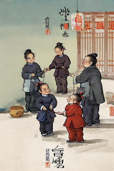 high quality,6+girls are playing  in a chinese painting style,