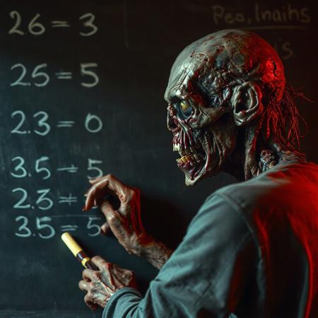Photograph of a grotesque rotting zombie who is in the middle of chalking up a math problem on a blackboard, horror movie still, special effects, horror sfx, grindcore