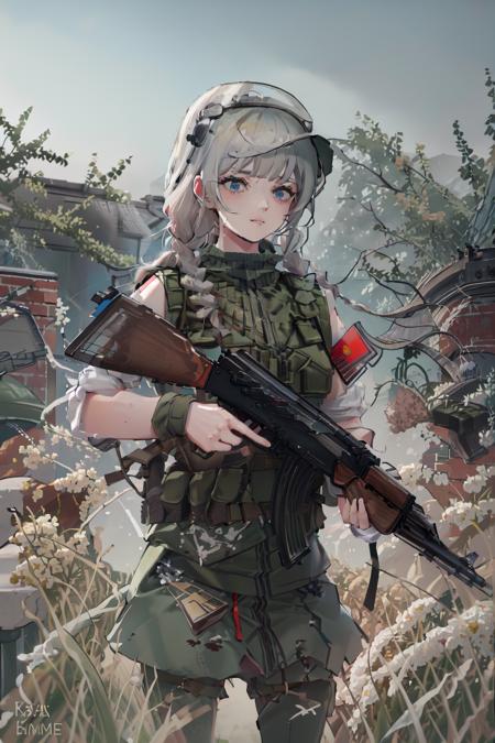 militaryru, <lora:ak47_7:1.0>, solo, 1girl, female focus, (outdoors), extreme eye details, (skindentation), (ak-47)+, (akm)+, assault rifle, kalashnikov rifle, (rain)++, military helmet, (intricate), ground vehicle, (detailed fingers)+, (detailed arms)+, <lora:CryingBlood:1.0>. (holding gun)+, CryingBlood, blood bandage, (blood)+, soothing tones, dynamic pose, look at viewer, small breasts, (gray short braid)+, smirk, sharp focus, (8k), (4k), (masterpiece), fantasy, extremely detailed russian flag,  <lora:militarytyan:1>, military uniform, military, soldart, body armor, green military uniform, green clothes,