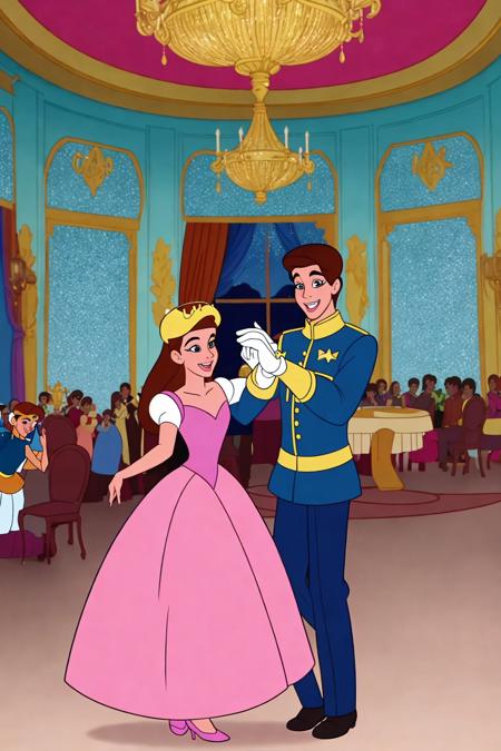 2d animation disney style beautiful princess dancing with handsome prince in a luxurious ballroom
(masterpiece:1.2) (cell shading) (animation) (flat color illustration:1.1) (best quality:1.2) (clean lines)