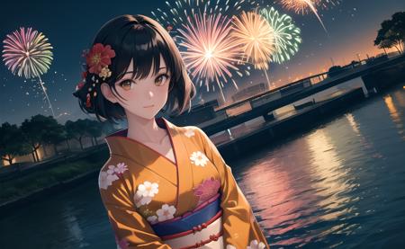 masterpiece, best quality, aesthetic, 1girl, solo, black hair, short hair, sidelocks, hair ornament, orange kimono, print kimono, yukata, floral print, (upper body), dutch angle, looking at viewer, fireworks, aerial fireworks, river, night, horizon, rim lighting, professional shadow