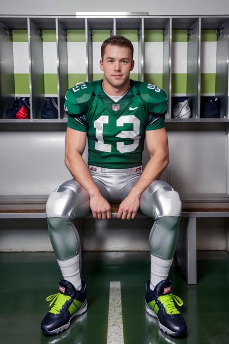 in an American football locker room, (sitting on a bench), legs spread open, DustinKane, American football player wearing American football uniform, American football shoulder pads, (apple green jersey:1.3), jersey number 3, (silver gray football pants and pads:1.3), (apple green socks:1.3), (black sneakers:1.3), slight smile, (((full body portrait))), full body shot, wide angle   <lora:DustinKane:0.75>