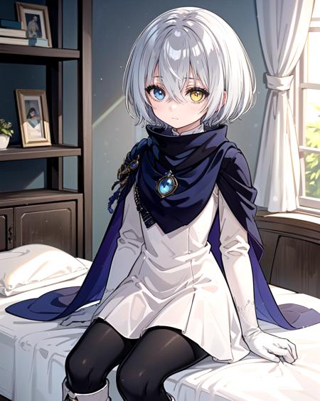 best quality, (masterpiece:1.2), illustration, absurdres,
(1girl, solo), (beautiful detailed girl),
<lora:Nazamil:0.9>, Nazamil Hildris, short hair, grey hair, white hair, (hair between eyes, hair over eyes:1.1), heterochromia, blue eyes, yellow eyes, small breasts,
white dress, long sleeves,  cape, cloak, black vambraces, (black pantyhose:1.1), white boots, white gloves,
blue gemstone, brooch,
looking at viewer, emotionless,
bedroom, inside elegant bedroom,  bed, sheets, shelf, window, day, table, science fiction, 
((sitting)),