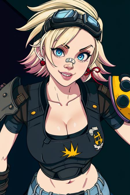 Tina, short hair, blue eyes, solo, standing, happy,    seductive smile, 
TGear, belt,pants,goggles on head,midriff,gloves,earrings,fingerless gloves,sneakers,stuffed toy,bandaid on face,jeans,hair ribbon,armor, cleavage, close up, 
western bar, wastelands,  cyberpunk, 
(insanely detailed, beautiful detailed face, masterpiece, best quality)   <lora:Tina:0.8>