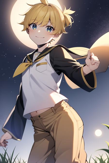 masterpiece, best quality, <lora:KagamineLenV1:0.7>, 1boy, sailor_collar, Kagamine_Len, yellow hair, (8k:0.7), (detailed Background of a meadow:0.7), (dusk:0.6), moon, smile, short pants and sleeve