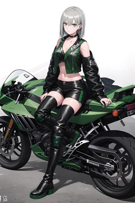 origin, hair between eyes, black thighhighs, bangs, short hair, collarbone <lora:JS05-pynoise:1> 1girl,solo,ground_vehicle, motor_vehicle, motorcycle,pale-skinned_female, long_hair,boots, pants, navel, crop_top, on_motorcycle, jacket, logo,gloves, floating_hair,earrings, off_shoulder, open_jacket, midriff, black_footwear, multicolored_hair, bare_shoulders, helmet_removed, open_clothes, cross_earrings, sleeveless, jewelry, bangs, long_sleeves