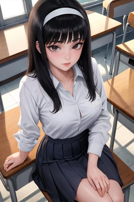 masterpiece, best quality, 1girl, solo, sitting, <lora:kawakamitomie-junjiito-richy-v1:1> tomie, hairband, blunt bangs, classroom, textbook, school desk, (mole under eye:0.7)