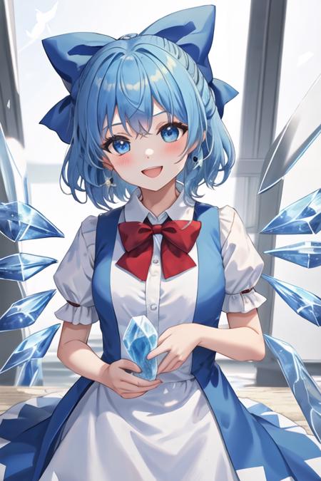 best quality, masterpiece, highres, solo, {cirno_touhou:1.15}, blue_hair, bow, hair_bow, short_hair, wings, ice, blue_bow, ice_wings, blue_eyes, bangs, blush, smile, upper_body, open_mouth, hair_between_eyes, ribbon, neck_ribbon, 1girl, blue_dress, bowtie, dress, looking_at_viewer, puffy_short_sleeves, puffy_sleeves, red_bow, red_bowtie, short_sleeves, collared_shirt, shirt, white_shirt, :d