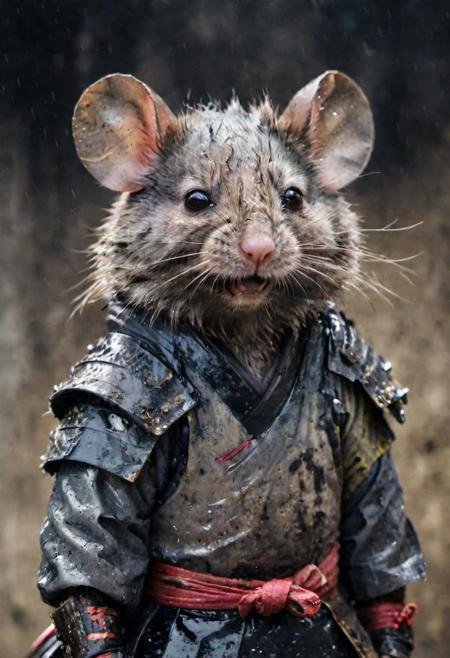 close up shot of the samurai warrior mouse, wet dark grey fur, dirt,  grunge clothes, grotesque background, extremely beautiful, grunge photography style, hyper-realistic, National Geographic award photography, 4K, high definition, high resolution