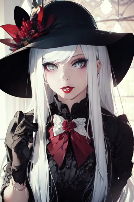 m4rth4, black hat, white hair, long hair, white eyes, red lipstick, black shirt, red bow on chest, black gloves