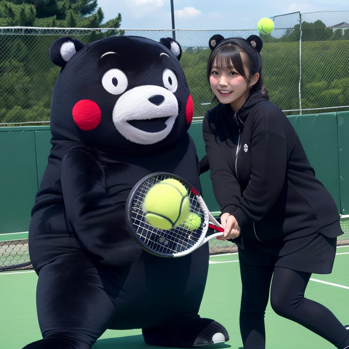 kumamon and woman , tennis <lora:kumamon-ADF-000008:0.8> <lora:koreanDollLikeness_v20:0.8>