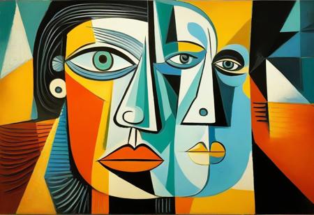 masterpiece, best quality, illustration, style of Pablo Picasso, cubist, complementary colors, abstract landscape,
