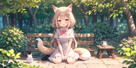 1girl,dag ears,fox tail,(loli:1.5),white dress,socks,(ribbon tied ankle|pink),Sit on the bed,