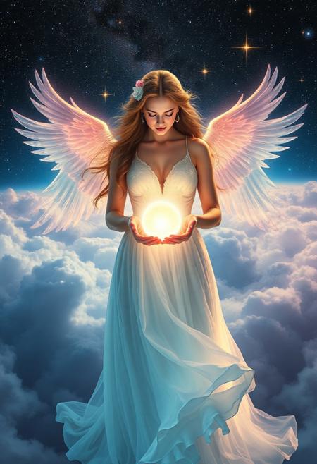 woman in flowing gown, cosmic background, glowing orb in hands, ethereal beauty, floating in clouds, surreal fantasy, glowing stars, dramatic lighting, soft pastel colors, intricate details, elegant gown, mystical atmosphere, high resolution, photorealism, cinematic, ((masterpiece))