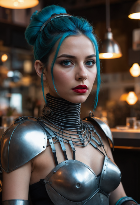 Promotional photo featuring a young greek woman, sitting in a scifi cafe with outdoor seating and virtual lighting highlighting her slender features from the top.  The three quarter view shot's composition centers on the woman's face, giving only a glimpse of her narrow shoulders, accentuated by an armor-like avant-garde neck adornment.  Her protruding blue eyes are adorned by edgy mascara emphasized by long false lashes in an avant-garde style, in addition to matte red lipstick on her narrow lips.  Her teal hair is styled into a big updo style. Her expression seems interested and blissful, her head tilted down, looking upwards, emphasizing the sanguine mood of the image.  Her top is made from a rough material featuring a silver structure, emerging from a metal neck-adornment and extending upwards in front of her face. The cage-like face-shield is covering one side of her face like part of an armor, resembling a knight's gorget, creating an otherworldly and gothic style.  The scene is set in a cafe with a scifi atmosphere and outdoor seating featuring floating virtual light sources in a wireframe design.