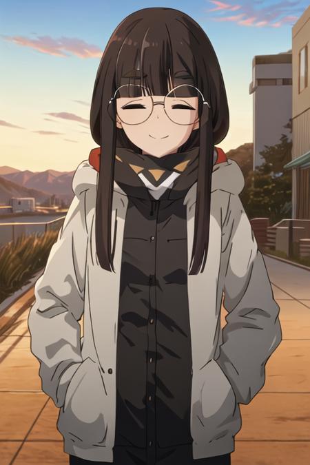 best quality, masterpiece, highres, solo, {toba_minami_yurucamp:1.15}, long_hair, bangs, closed_eyes, glasses, thick_eyebrows, black_hair, brown_hair, smile, closed_mouth