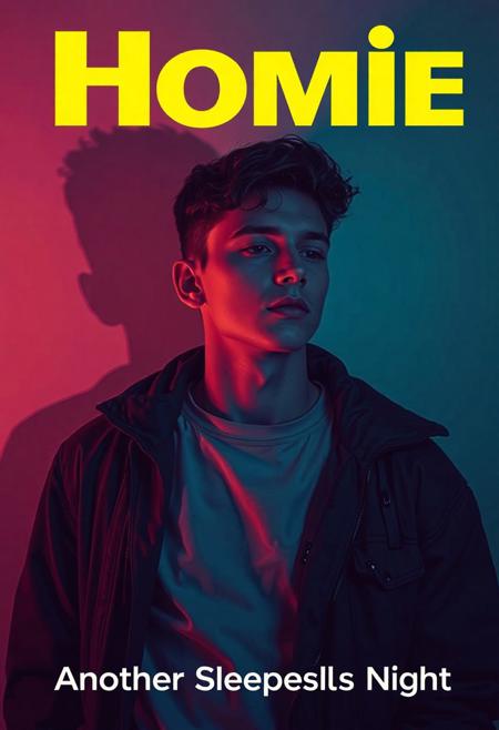 high quality design aesthetics, disco, synth pop, dynamic, detailed, pop album cover, melancholic, young white man, artist name "Homie", album title "Another Sleepless Night"