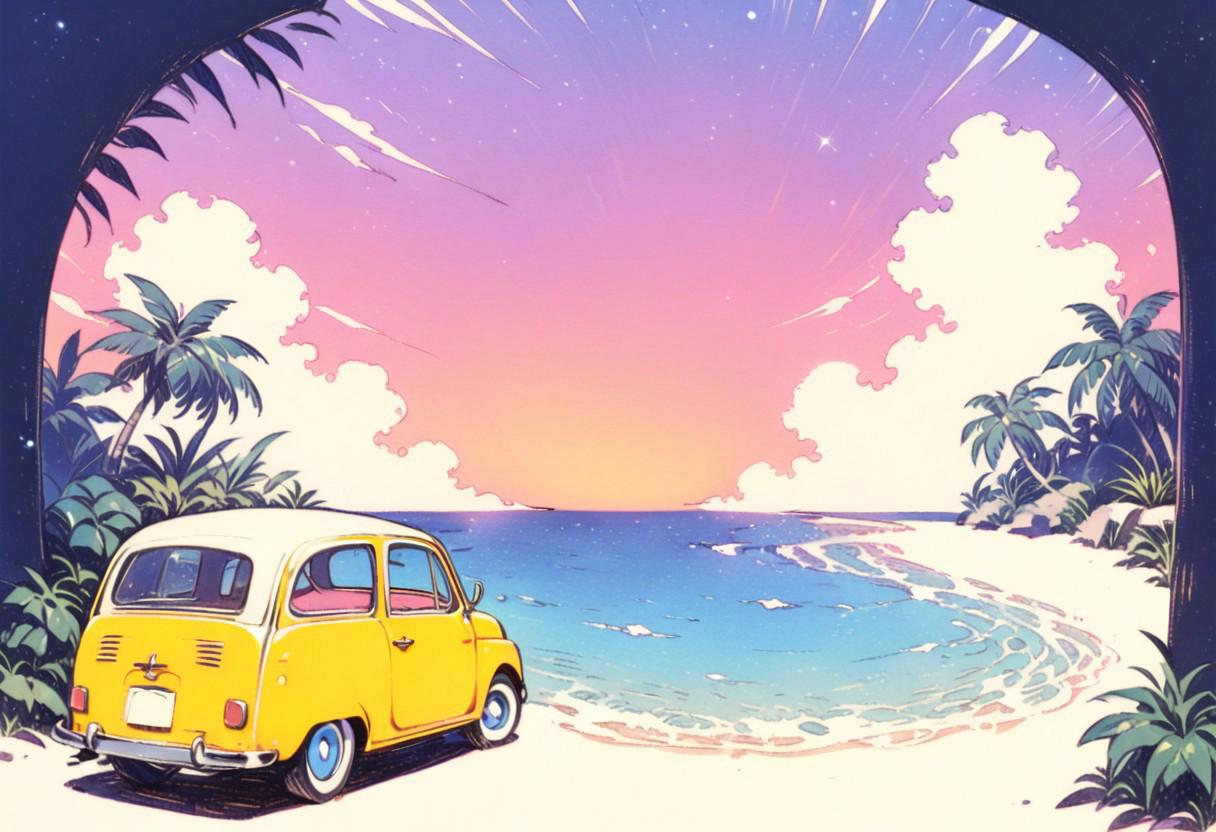 masterpiece, best quality, very aesthetic, absurdres, detailed background, magnificent view, detailed beautiful retro illust, logoredmaf, yello retro car, Crystal clear sea, palm tree, twilight, starry sky, cloud,