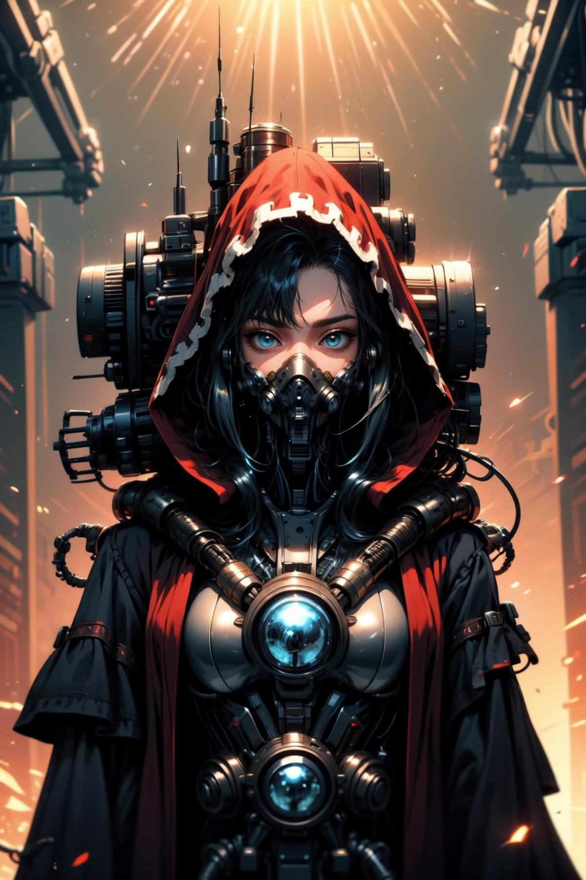 A woman in a red hood wearing a gas mask and robotic parts as a costume.