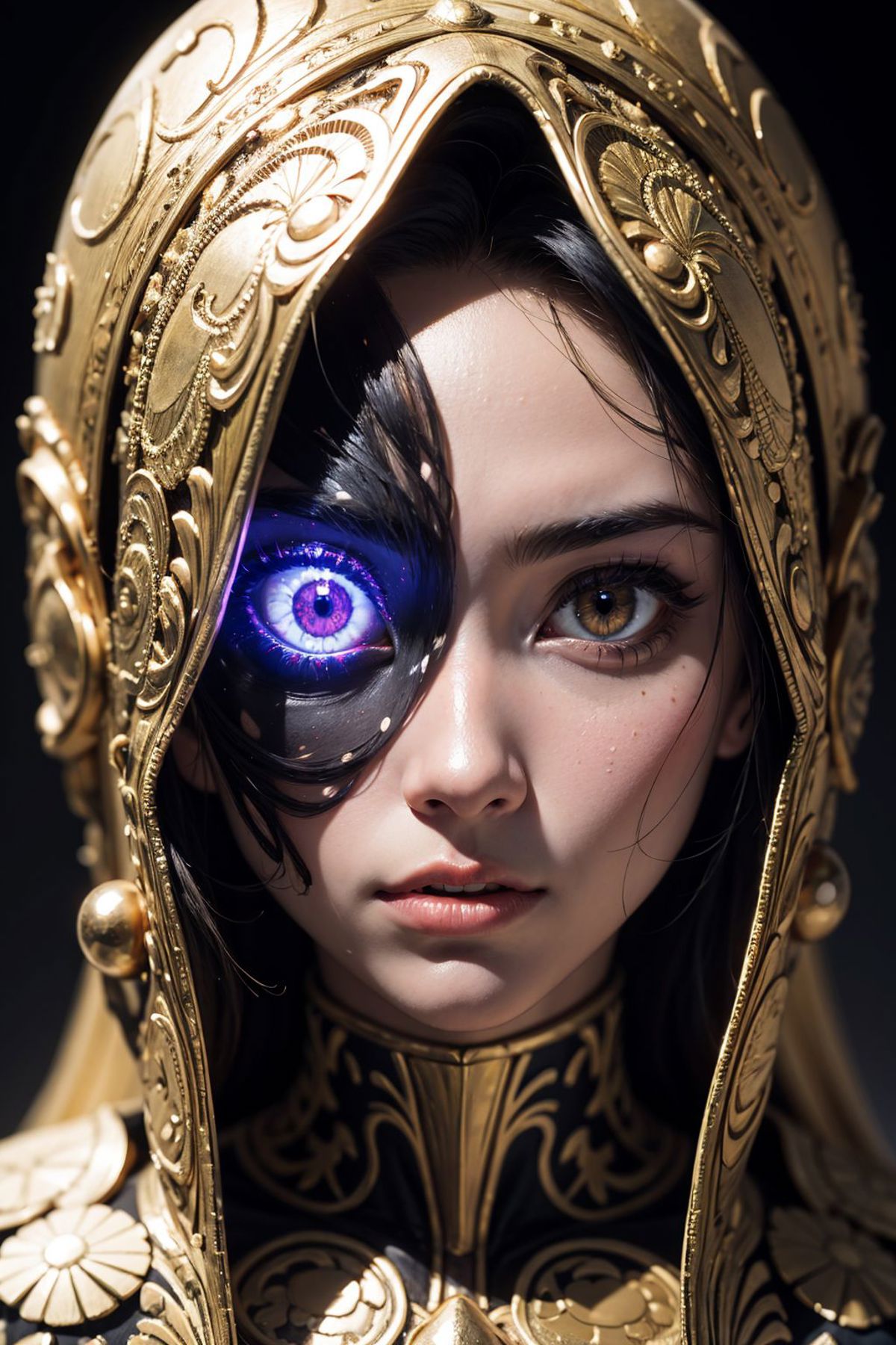 The image features a woman wearing a gold headpiece, which appears to be a mask or a headdress. She has a very distinctive appearance, with one eye painted purple and the other painted yellow. The unique color combination of her eyes makes her stand out and draws attention to her striking features.