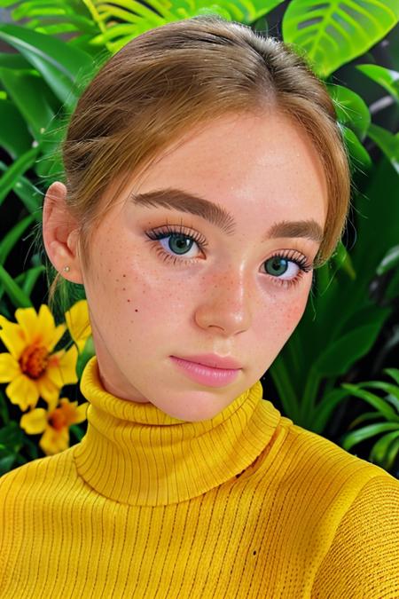 a beautiful young woman in a yellow turtleneck, in a jungle paradise, (close up, headshot),  [freckles], candid, amateur, (raw, 8k, uhd, fujifilm xt3), sharp focus, highly detailed face, <lora:graceCharis:1>