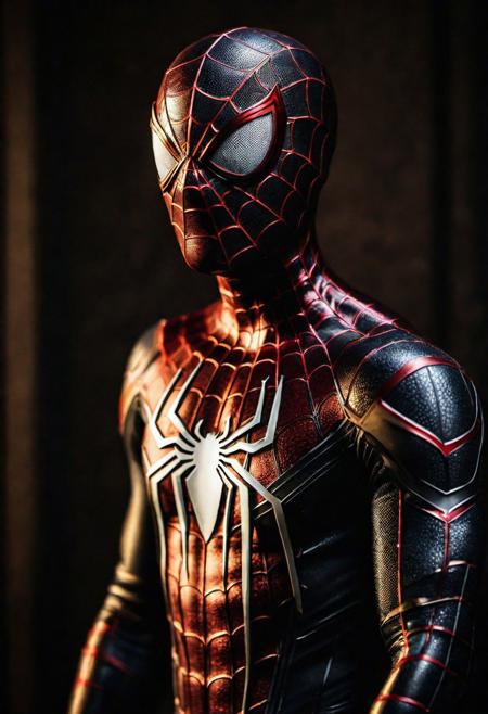 cinematic photo (spiderman), . 35mm photograph, film, full body, bokeh, professional, 4k, highly detailed, realistic, detailed, photo realistic, sharp focus, 8k, Close-up, grim smile, relaxed pose, portrait movie shot, serious, menacing, chiaroscuro style photo, dark background, minimalism, dramatic lighting, professional quality, dull highlights and shadows, natural and  original,